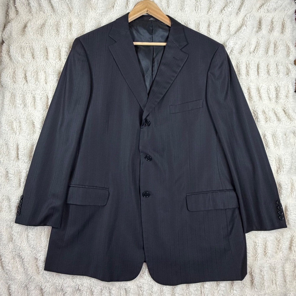 Valentino Mens Pinstripe Wool Blazer Black Blue 48R Made in Italy Sport Coat